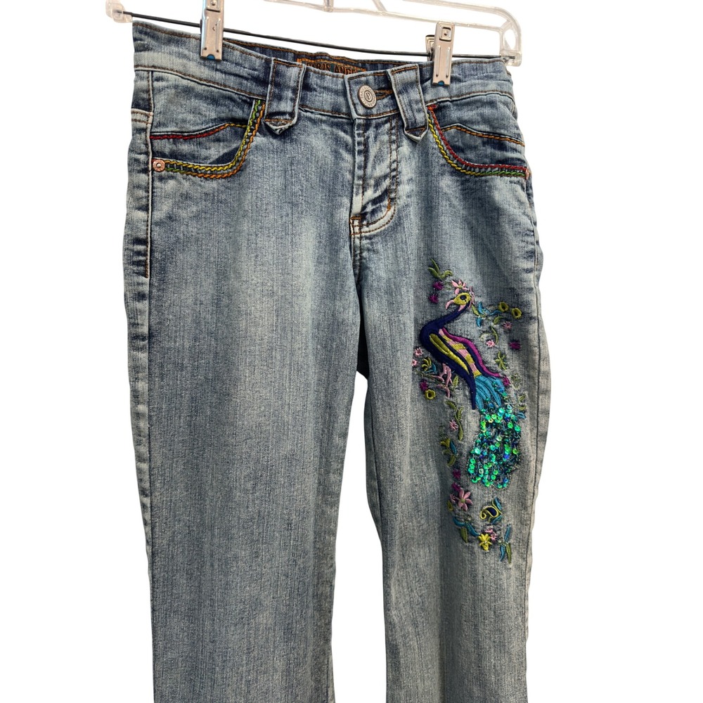 Y2K Embroidered Jeans Blue Denim Peacock Sequin Rainbow Stitch Juniors Size 3/4